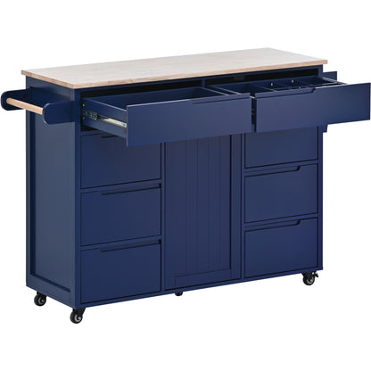 K&K Store Kitchen Cart with Rubber Wood Countertop , Kitchen Island has 8 Handle-Free Drawers Including a Flatware Organizer and 5 Wheels for Kitchen Dinning Room, Dark Blue