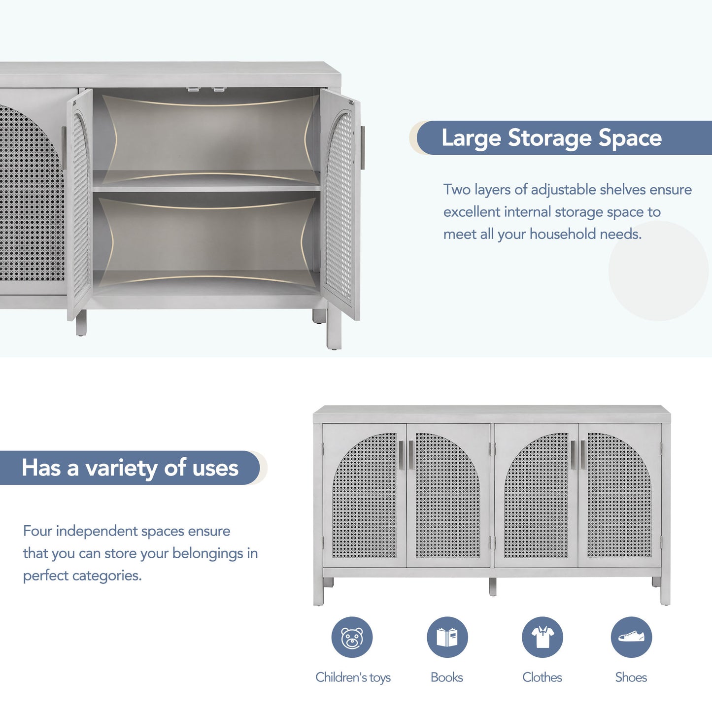 TREXM Large Storage Space Sideboard with Artificial Rattan Door and Metal Handles for Living Room and Entryway (Gray)