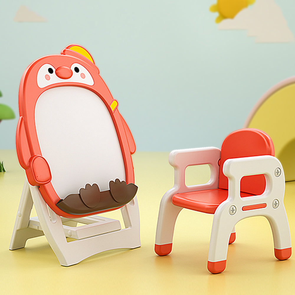 Children's indoor Cartoon penguin red drawing board Magnetic graffiti board Writing board Scaffolding whiteboard Baby blackboard learning table and chair