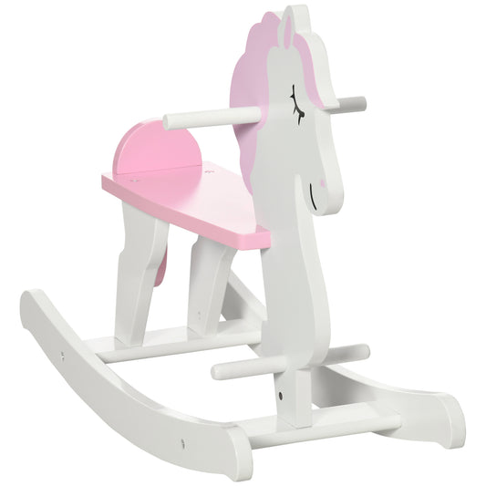 Qaba Little Wooden Rocking Horse Toy for Kids' Imaginative Play, Children's Small Baby Rocking Horse Ride-on Toy for Toddlers 1-3, Pink and White