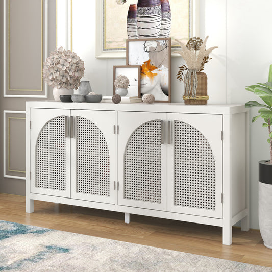 TREXM Large Storage Space Sideboard with Artificial Rattan Door and Metal Handles for Living Room and Entryway (White)