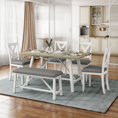 TOPMAX 6 Piece Dining Table Set Wood Dining Table and chair Kitchen Table Set with Table, Bench and 4 Chairs, Rustic Style,White+Gray