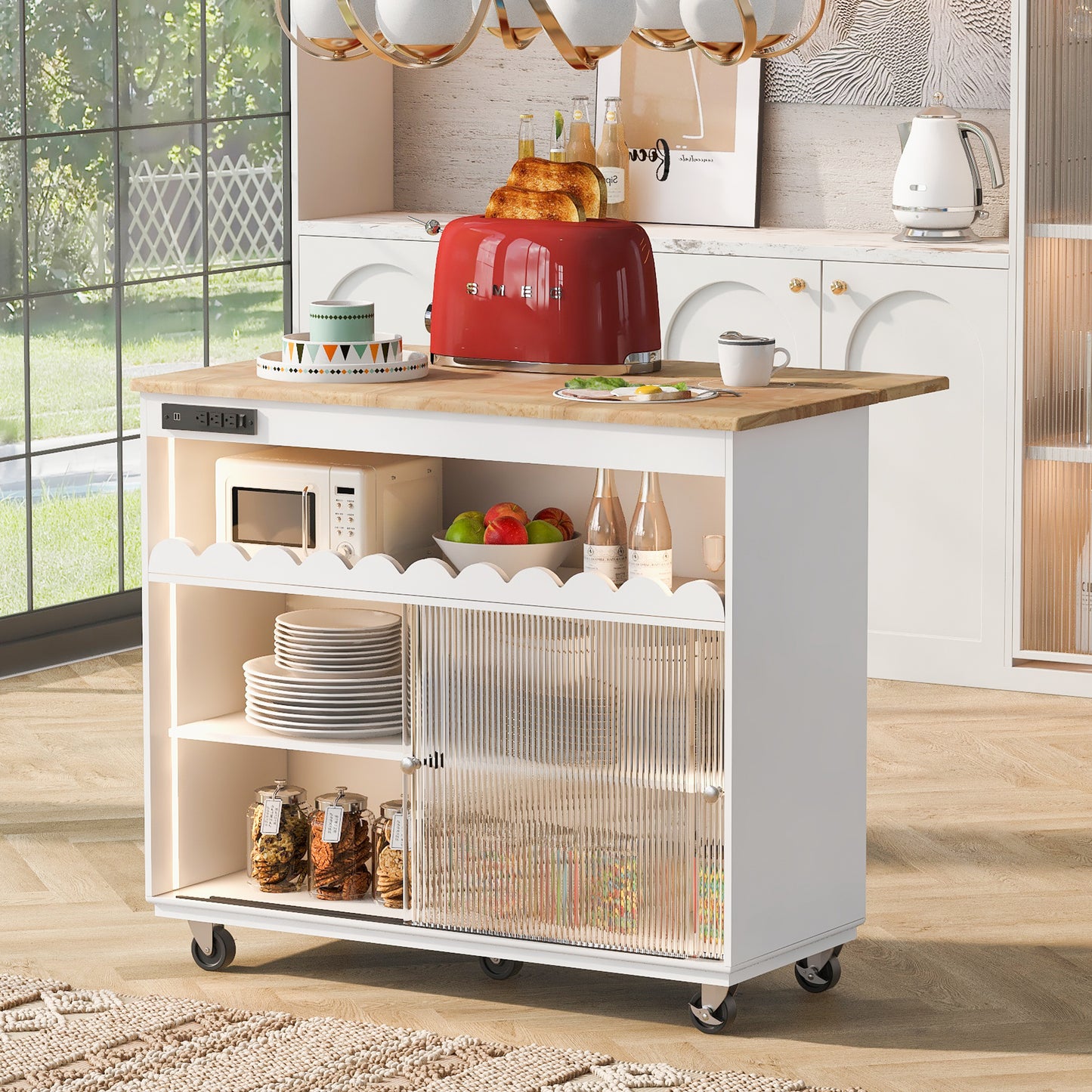 Kitchen Island with Drop Leaf, LED Light Kitchen Cart on Wheels with Power Outlets, 2 Sliding Fluted Glass Doors, Large Kitchen Island Cart with 2 Cabinet and 1 open Shelf (White)