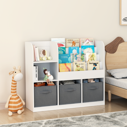 Kids Bookcase and Bookshelf, Multifunctional Bookcase with 3 Collapsible Fabric Drawers, Bookcase Display Stand, Toy Storage Organizer for Bedroom, Playroom, Hallway (White/Gray)