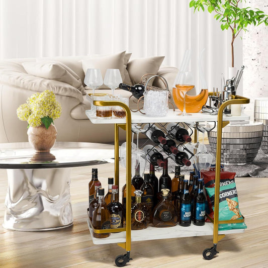 Deluxe Gold Bar Cart, with Glass Holders and Wine Racks, Modern Marbled Solid Wood Cart on Silent Wheels, 2-Tier Premium Texture Bar Cart for Kitchen and Dining Room Outdoor