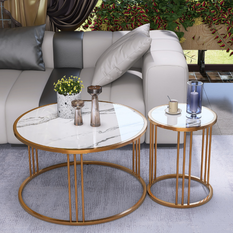 Coffee Table Set of 2, Round Slate Coffee Table with Steel Frame For Living Room