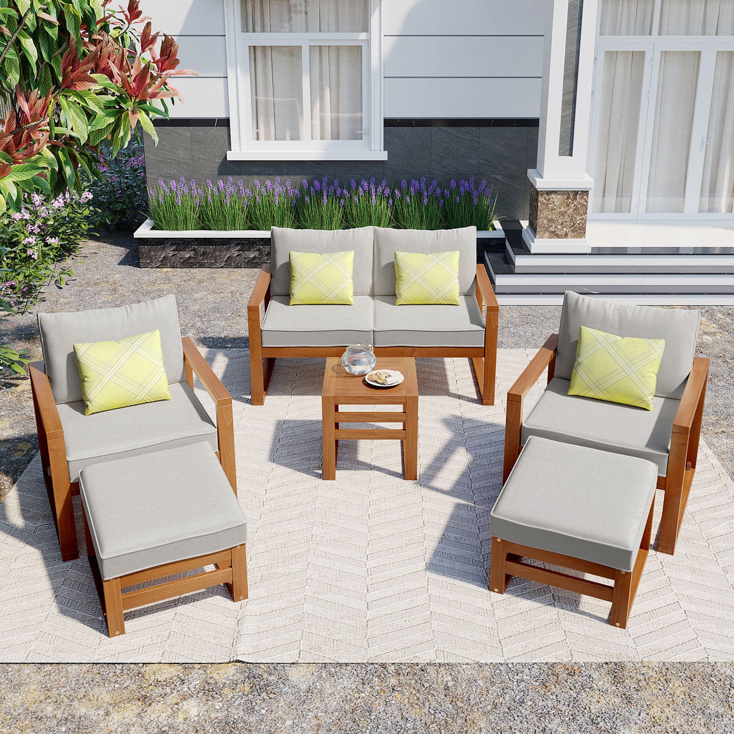 TOPMAX Outdoor Patio Wood 6-Piece Conversation Set, Sectional Garden Seating Groups Chat Set with Ottomans and Cushions for Backyard, Poolside, Balcony, Grey