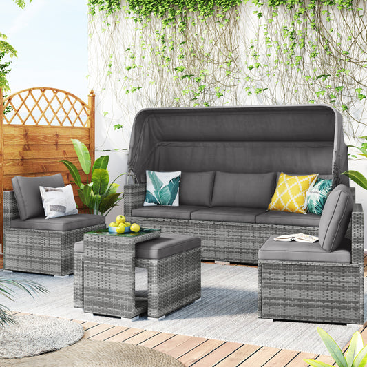 TOPMAX 5 Pieces Outdoor Sectional Patio Rattan Sofa Set Rattan Daybed , PE Wicker Conversation Furniture Set w/ Canopy and Tempered Glass Side Table, Gray