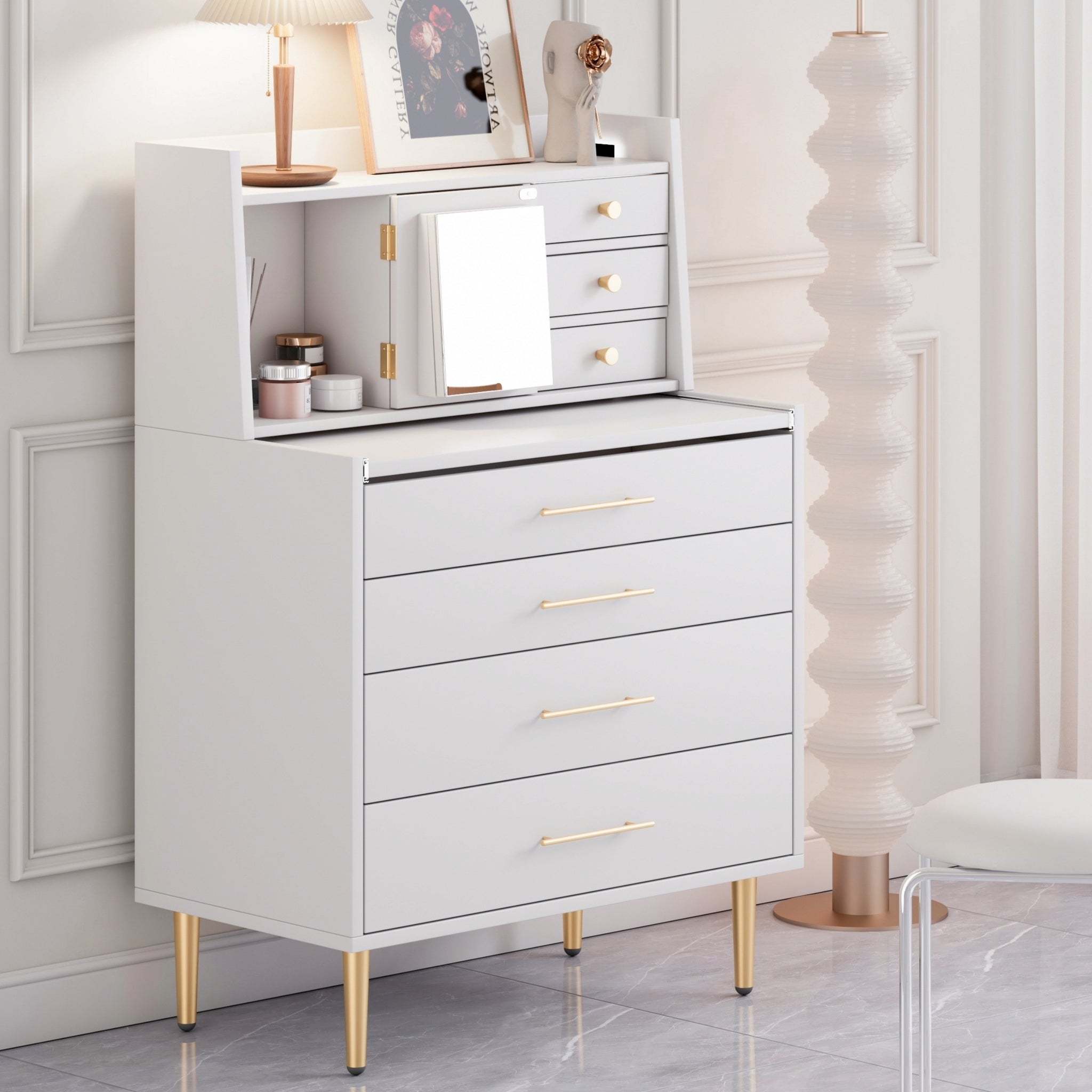 Vanity Makeup Table with Mirror and Retractable Table, Storage Dresser for Bedroom with 7 Drawers and Hidden Storage,White