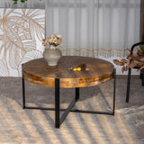 33.46"Retro drawing technology Splicing Round Coffee Table,Fir Wood Table Top with Black Cross Legs Base