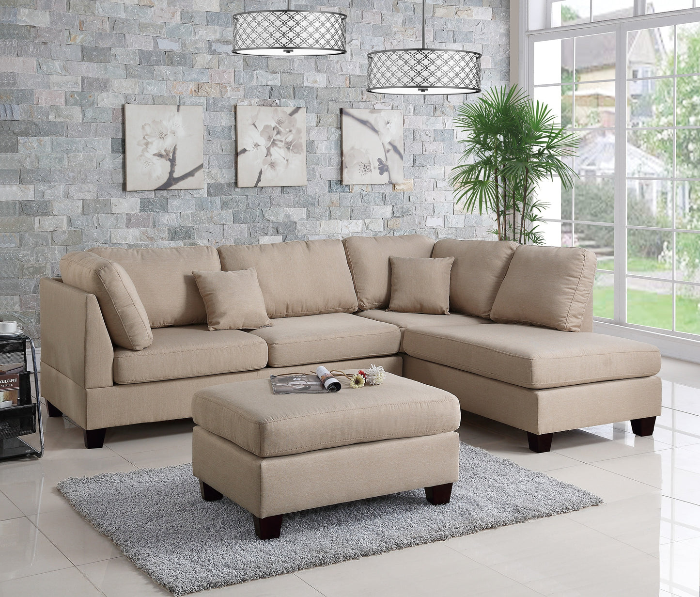 Sand Color 3pcs Sectional Living Room Furniture Reversible Chaise Sofa And Ottoman Polyfiber Linen Like Fabric Cushion Couch