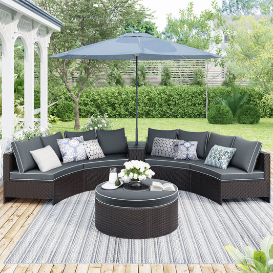 TOPMAX 6 Pieces Outdoor Sectional Half Round Patio Rattan Sofa Set, PE Wicker Conversation Furniture Set w/ One Storage Side Table for Umbrella and One Multifunctional Round Table, Brown+ Gray