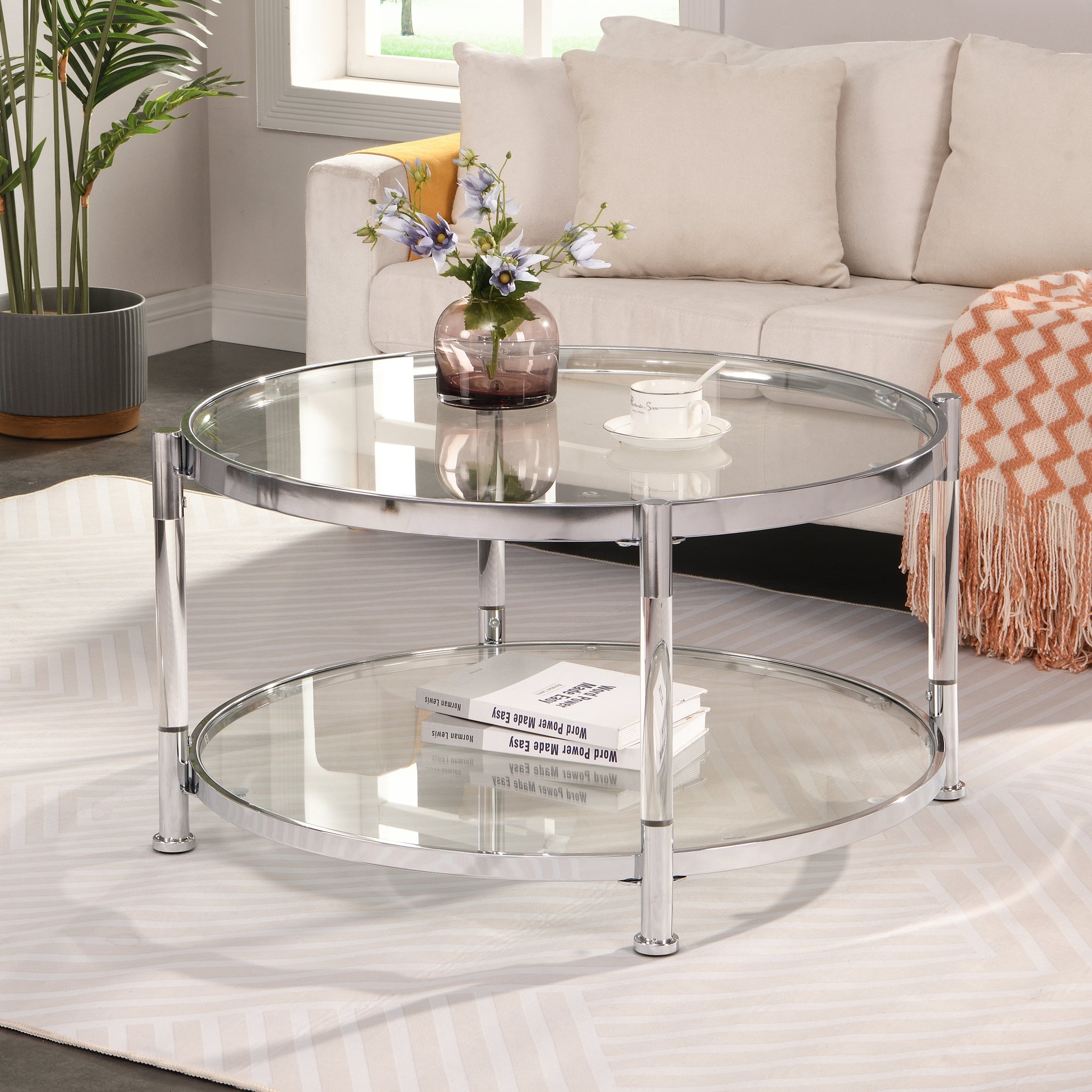 W82153572 Contemporary Acrylic Coffee Table, 32.3'' Round Tempered Glass Coffee Table, Chrome/Silver  Coffee Table for Living Room