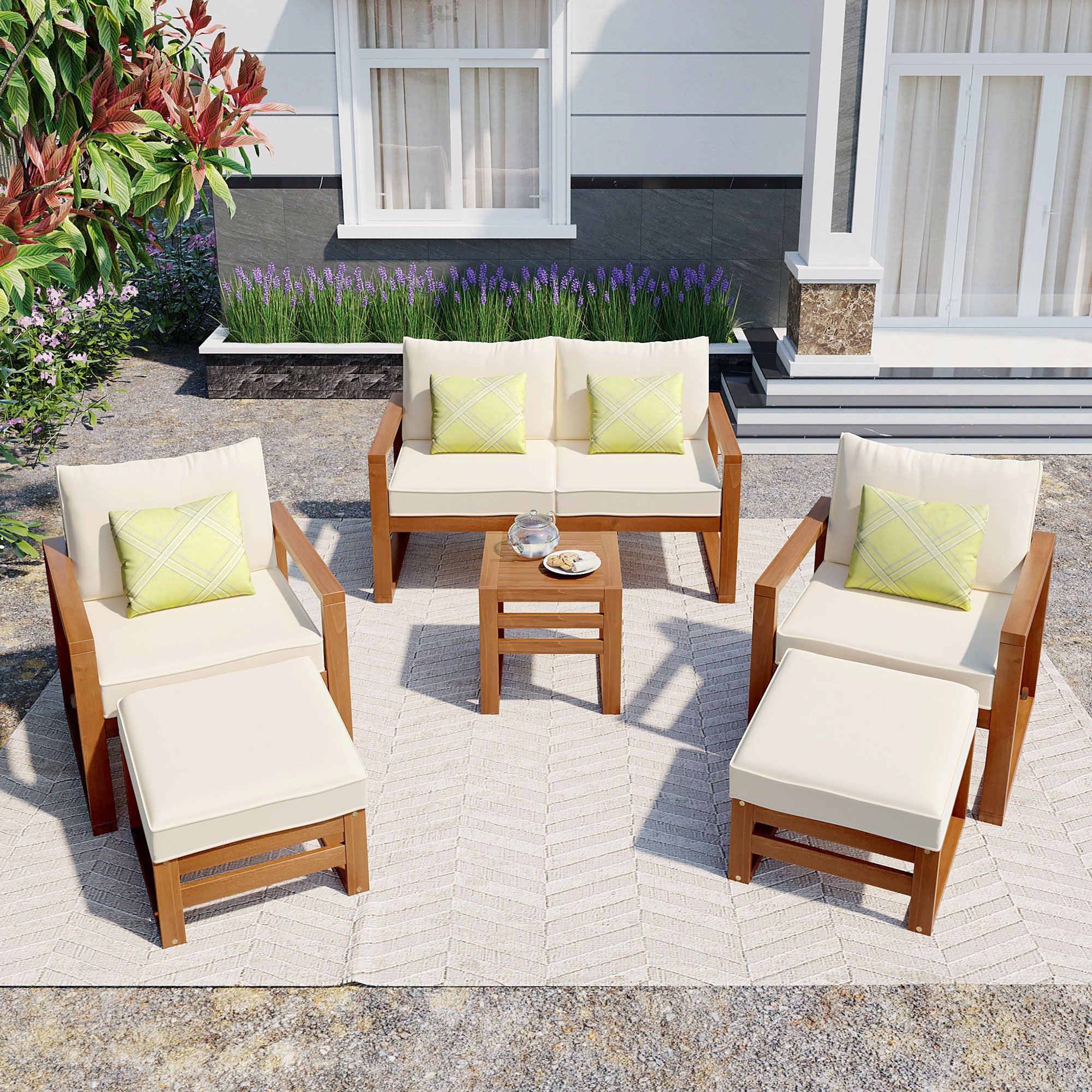 TOPMAX Outdoor Patio Wood 6-Piece Conversation Set, Sectional Garden Seating Groups Chat Set with Ottomans and Cushions for Backyard, Poolside, Balcony, Beige