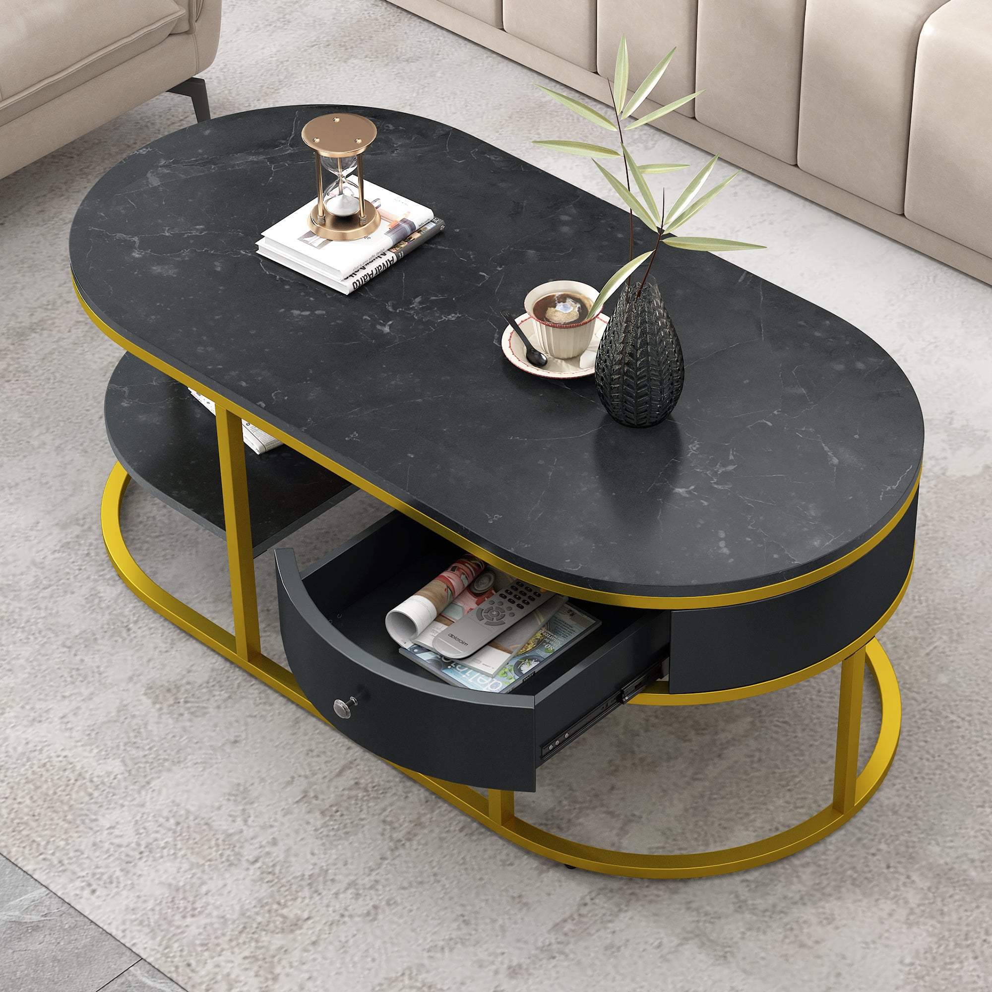 U-Can Modern Marble Golden Coffee Table, Metal Frame, with Drawers & Shelves Storage for Living Room