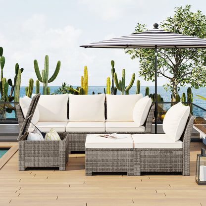 TOPMAX 6-Piece Outdoor Sofa Set, PE Wicker Rattan Sofa with 2 Corner Chairs, 2 Single Chairs, 1 Ottoman and 1 Storage Table, All-weather Conversational Furniture, Beige