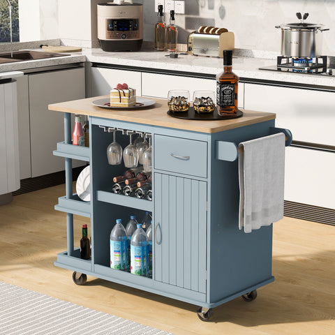 Multipurpose Kitchen Cart Cabinet with Side Storage Shelves,Rubber Wood Top, Adjustable Storage Shelves, 5 Wheels, Kitchen Storage Island with Wine Rack for Dining Room, Home,Bar,Grey Blue