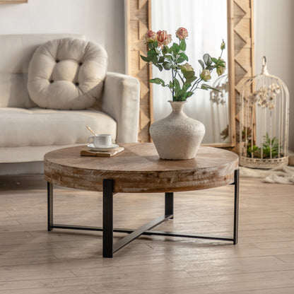 31.29"Modern Retro Splicing Round Coffee Table ,  Fir Wood Table Top with Cross Legs Metal Base(Same SKU:W757123560)