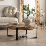 31.29"Modern Retro Splicing Round Coffee Table ,  Fir Wood Table Top with Cross Legs Metal Base(Same SKU:W757123560)