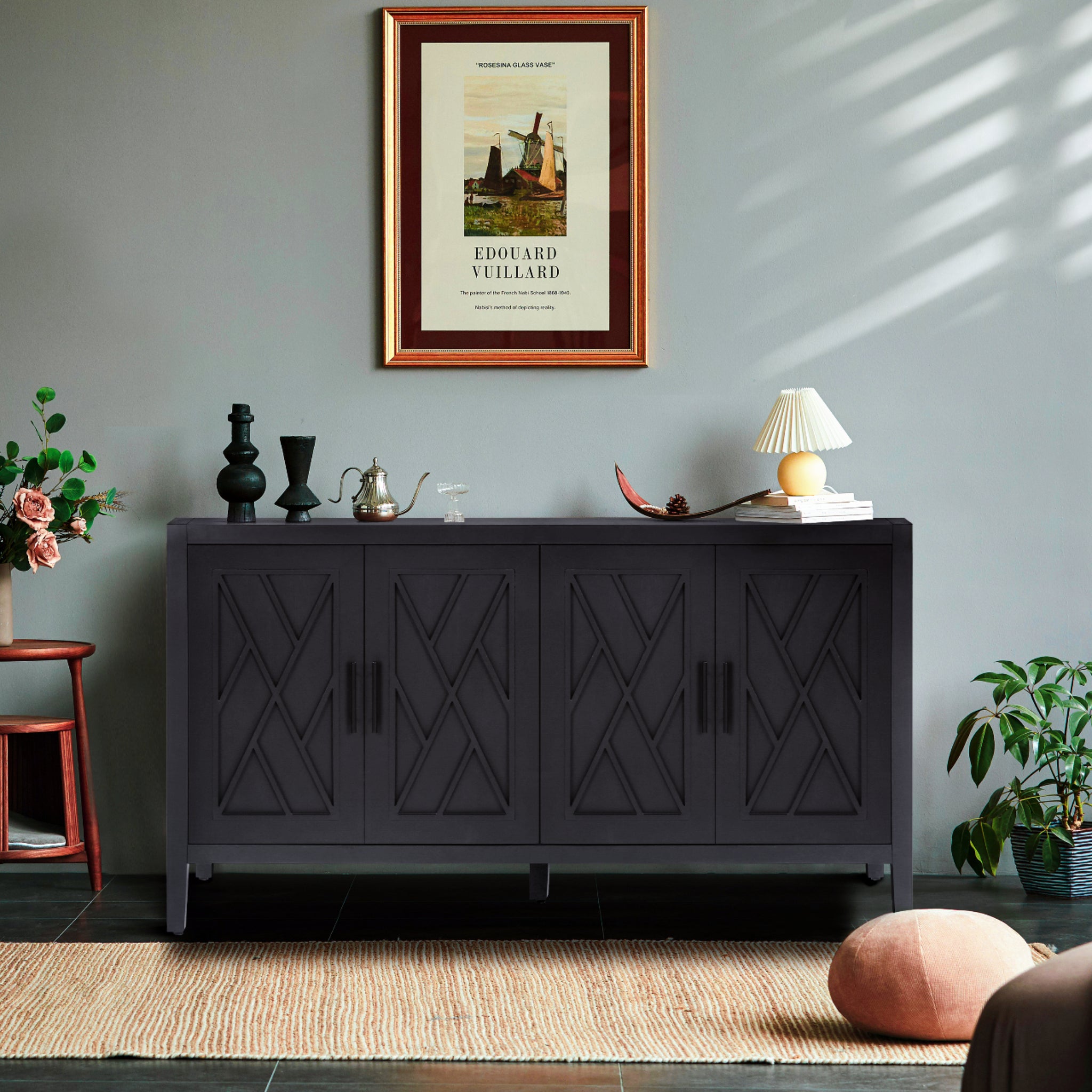 4 Door Wooden Twill Sideboard American Country Vintage Old Living Room Dining Room Hallway Entryway Cabinet (BLACK)