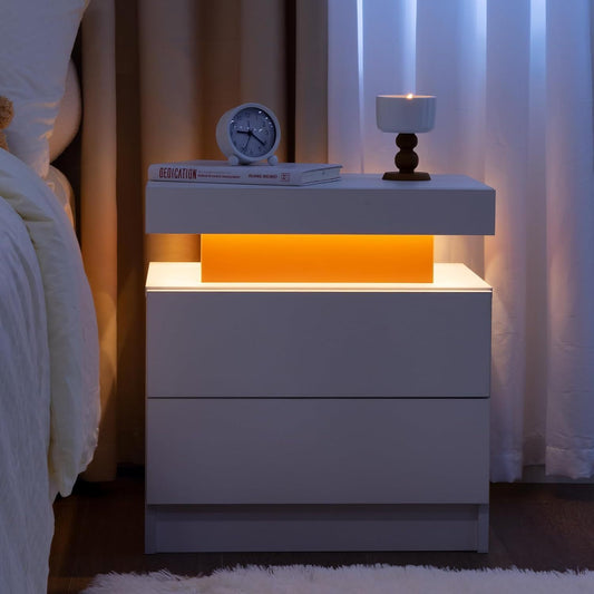 Nightstand LED Bedside Table Cabinet Lights Modern End Side with 2 Drawers for Bedroom (White Red)