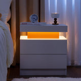 Nightstand LED Bedside Table Cabinet Lights Modern End Side with 2 Drawers for Bedroom (White Red)