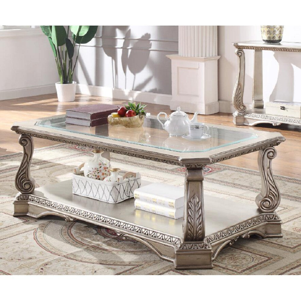 ACME Northville Coffee Table in Antique Silver & Clear Glass 86930