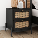 Modern Cannage Rattan Wood Closet 2-Drawer Side Table End Table Nightstand for Bedroom, Living Room, Entryway, Hallway, Black