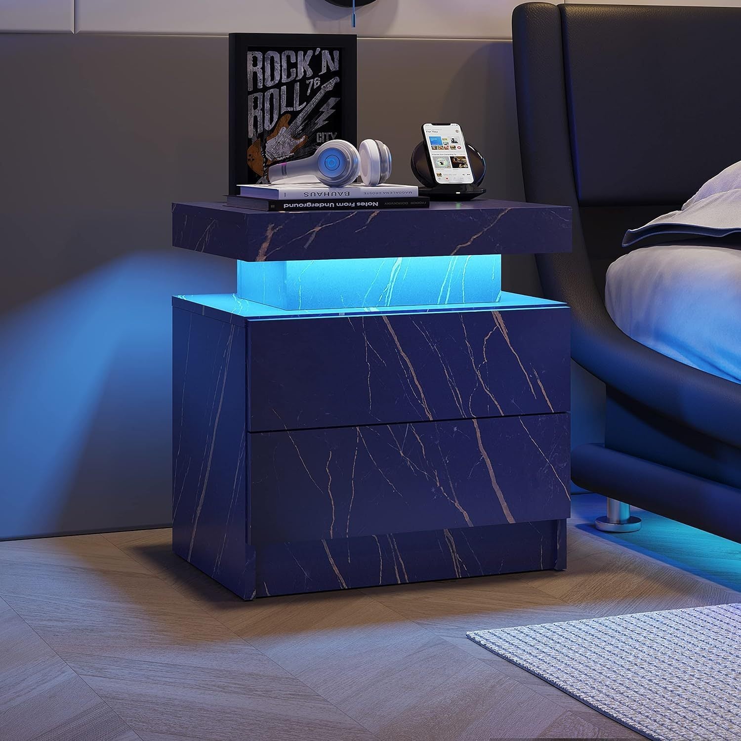 Nightstand LED Bedside Table Cabinet Lights Modern End Side with 2 Drawers for Bedroom (Blue Gold)