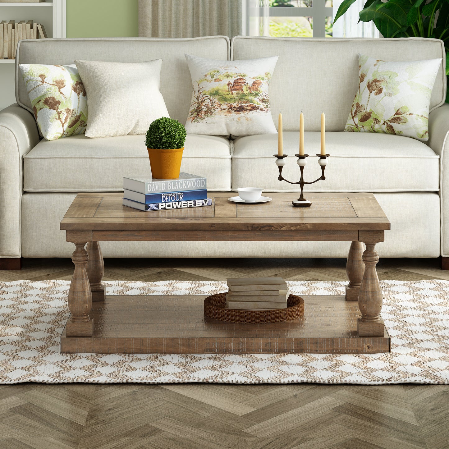 U_STYLE Rustic Floor Shelf Coffee Table with Storage,Solid Pine Wood (As same As WF287269AAE)