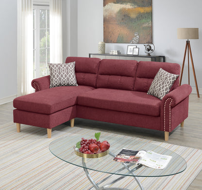 Paparika Red Color Polyfiber Reversible Sectional Sofa Set Chaise Pillows Plush Cushion Couch Nailheads