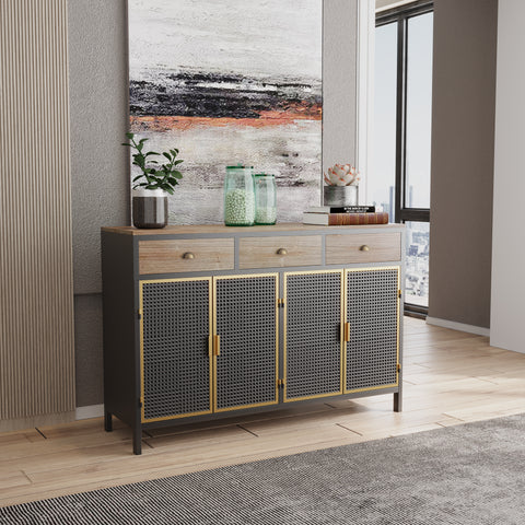 48" Wide  4 Doors Modern Sideboard with 3 Top Drawers, Freestanding Sideboard Storage Cabinet Entryway Floor Cabinet for Living Room Office Bedroom