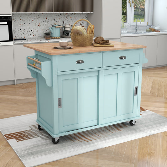 Kitchen Cart with Rubber wood Drop-Leaf Countertop, Concealed sliding barn door adjustable height,Kitchen Island on 4 Wheels with Storage Cabinet and 2 Drawers,L52.2xW30.5xH36.6 inch, Mint Green