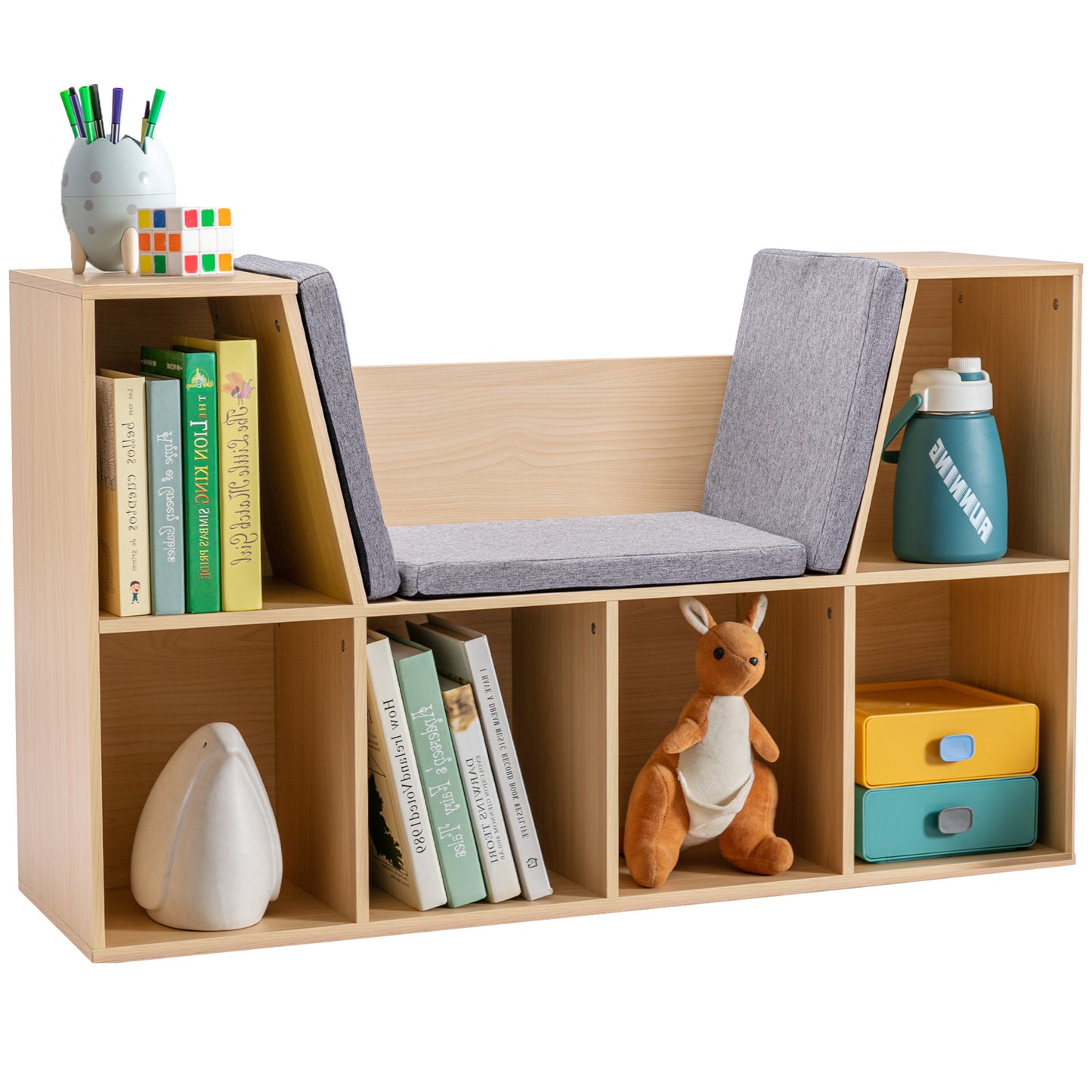 HOMCOM 6-Cubby Kids Bookcase with Reading Nook and Cushion, Multi-Purpose Storage Organizer for Bedroom, Living Room, Natural