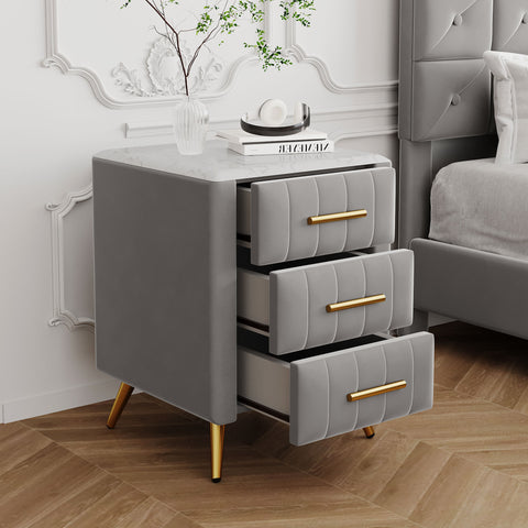 Upholstered Wooden Nightstand with 3 Drawers and Metal Legs&Handles,Fully Assembled Except Legs&Handles,Bedside Table with Marbling Worktop - Gray