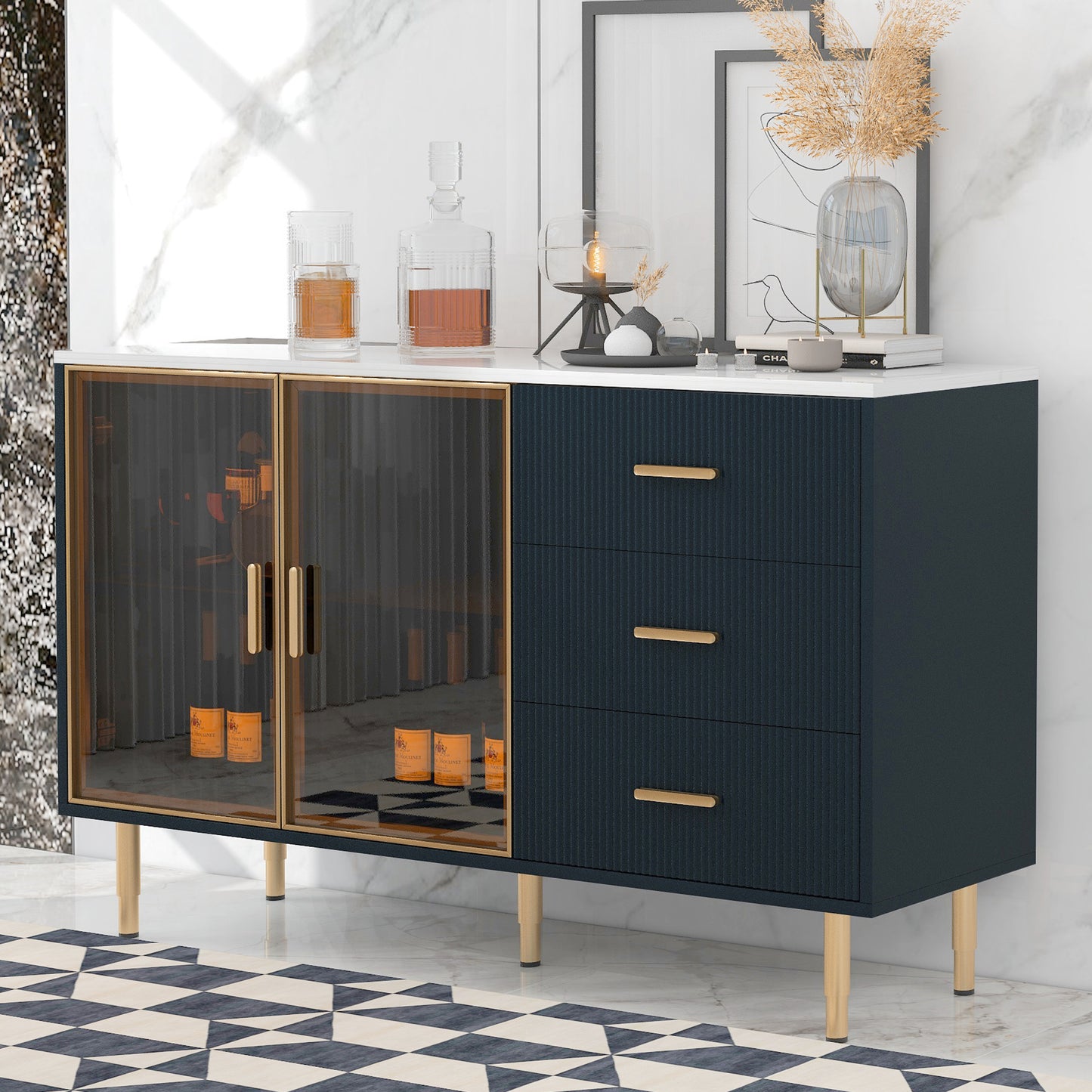 TREXM Modern Sideboard MDF Buffet Cabinet Marble Sticker Tabletop and Amber-yellow Tempered Glass Doors with Gold Metal Legs & Handles (Navy Blue)