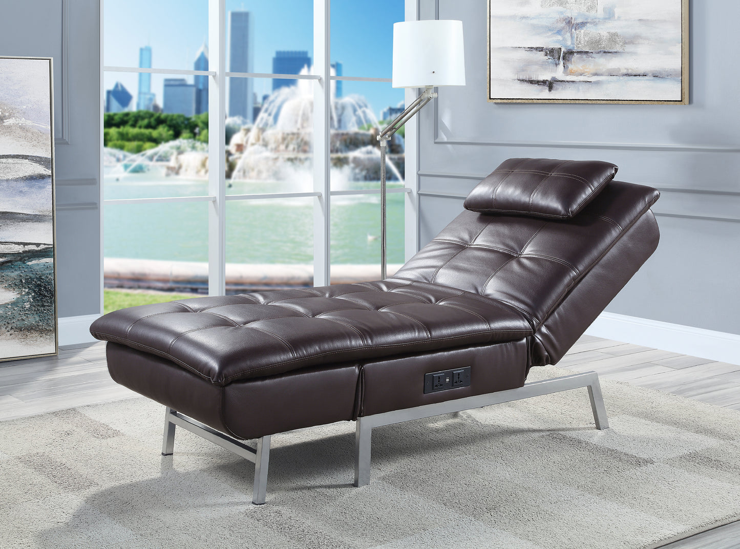 ACME Padilla Chaise Lounge w/Pillow & USB Port in Brown Fabric  LV00825