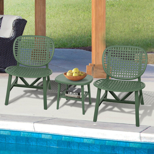 3 Pieces Hollow Design Retro Patio Table Chair Set All Weather Conversation Bistro Set Outdoor Table with Open Shelf and Lounge Chairs with Widened Seat for Balcony Garden Yard  Green