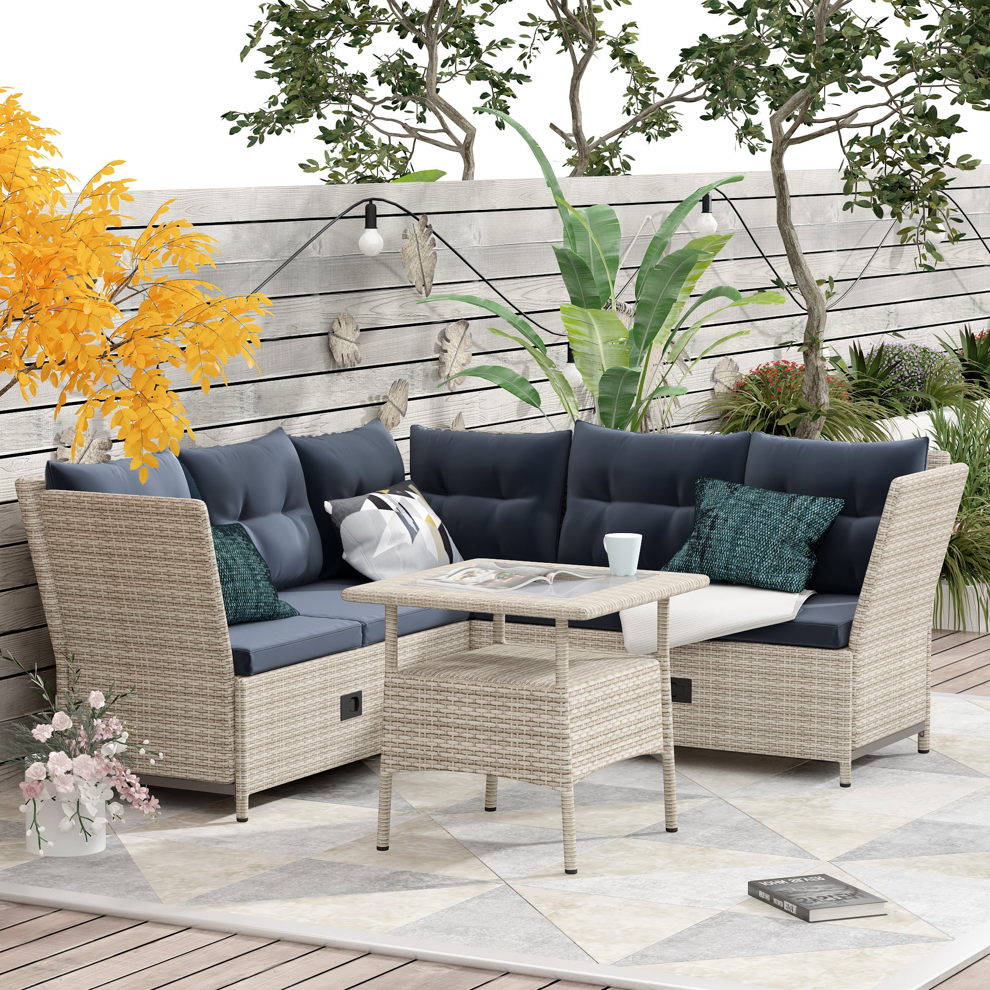 TOPMAX Outdoor Patio 4-Piece All Weather PE Wicker Rattan Sofa Set with Adjustable Backs for Backyard, Poolside, Gray