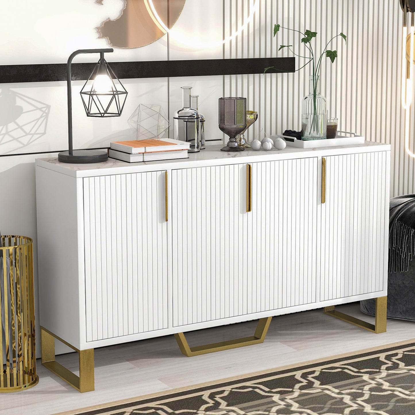 TREXM Modern sideboard with Four Doors, Metal handles & Legs and Adjustable Shelves Kitchen Cabinet (White)