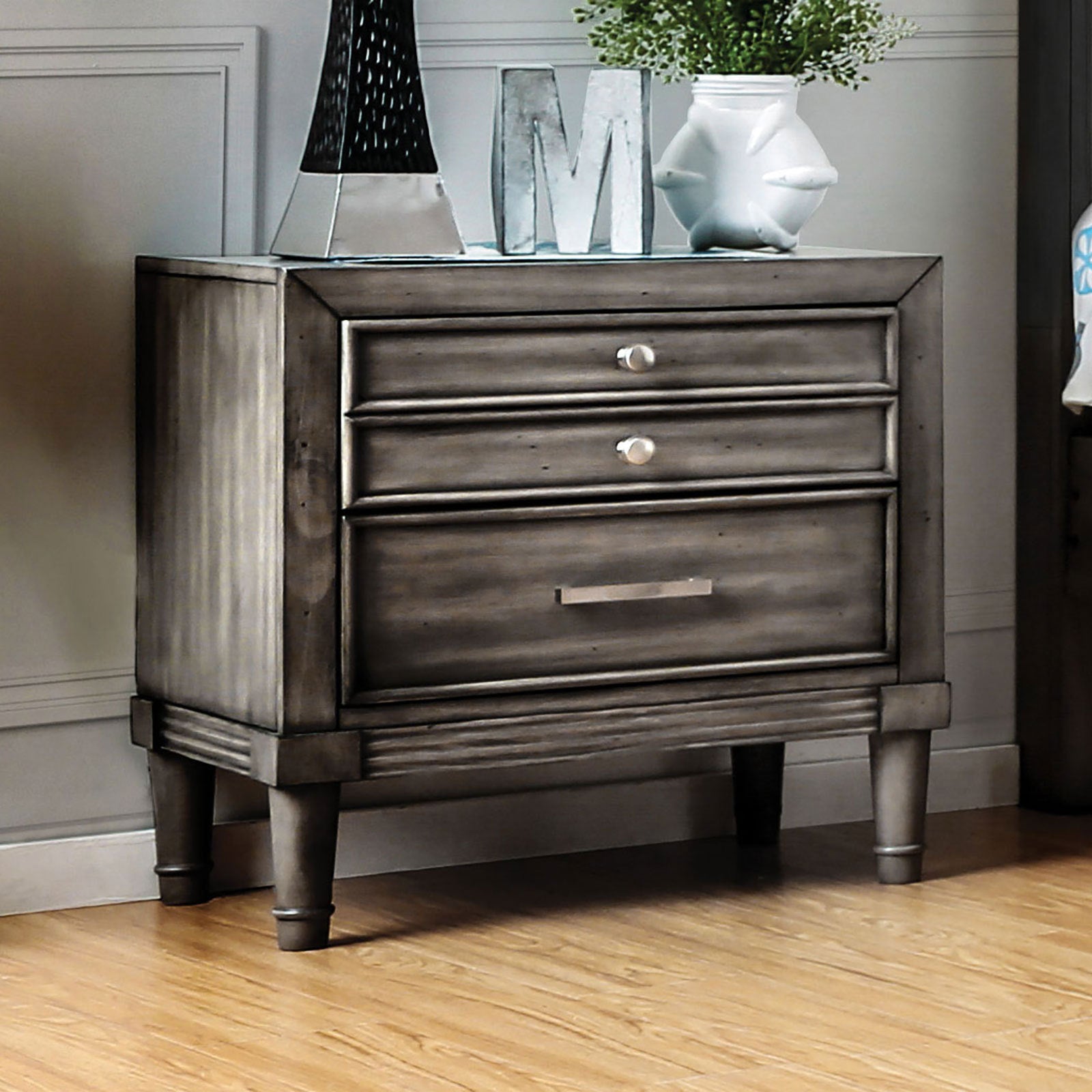 Modern Gray Finish 1pc Nightstand Solidwood Hidden Drawer Nickel Round Knob Bedside Table Bedroom