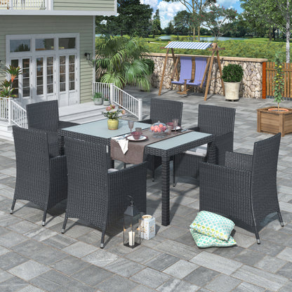 TOPMAX 7-piece Outdoor Wicker Dining set - Dining table set for 7 - Patio Rattan Furniture Set with Beige Cushion (Black)