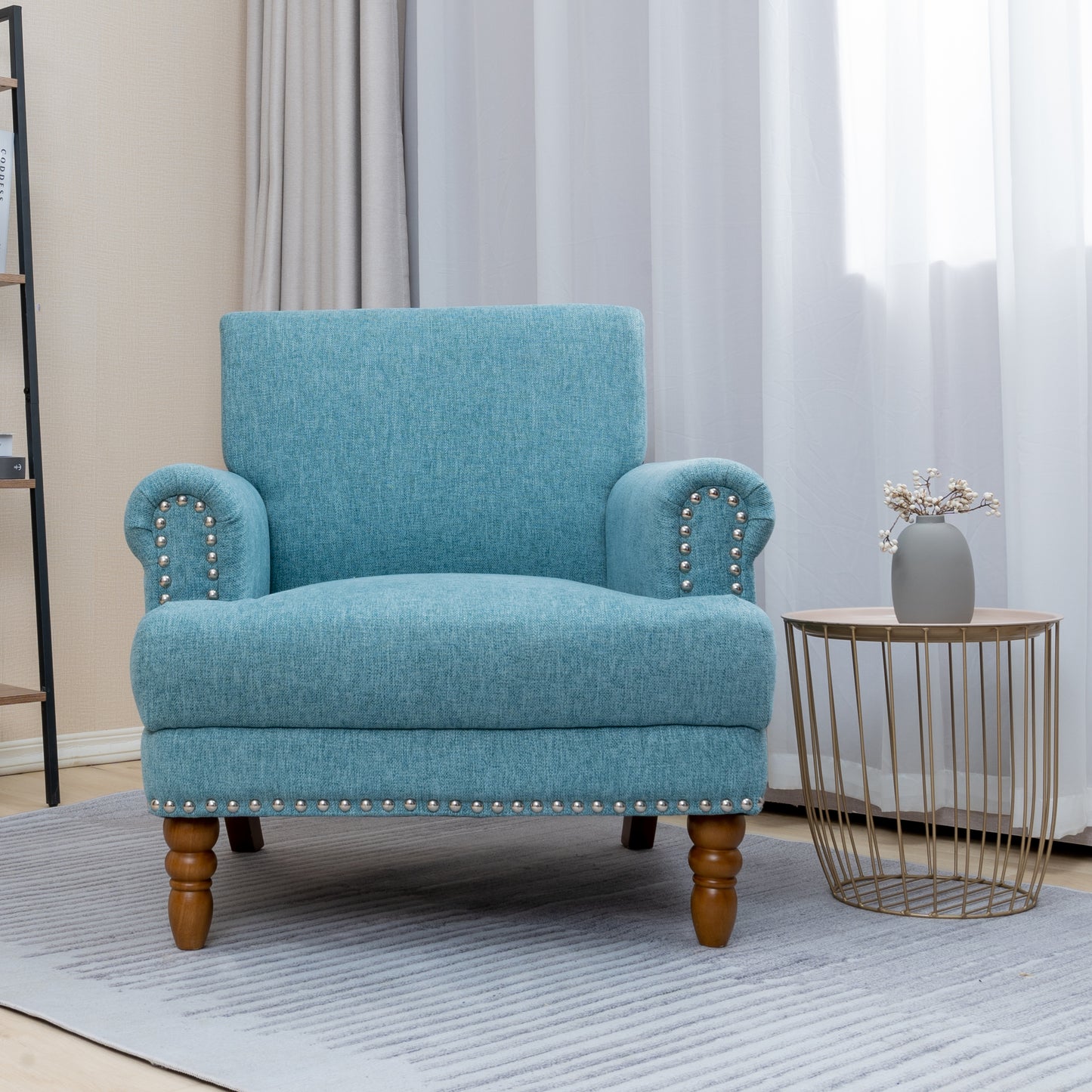 Cotton Accent Chair Mid-Century Modern Living Room Armchair with Nailhead Trim & Wood Legs Comfy Upholstered Single Sofa Chair for Lounge/Bedroom/Reception  Blue