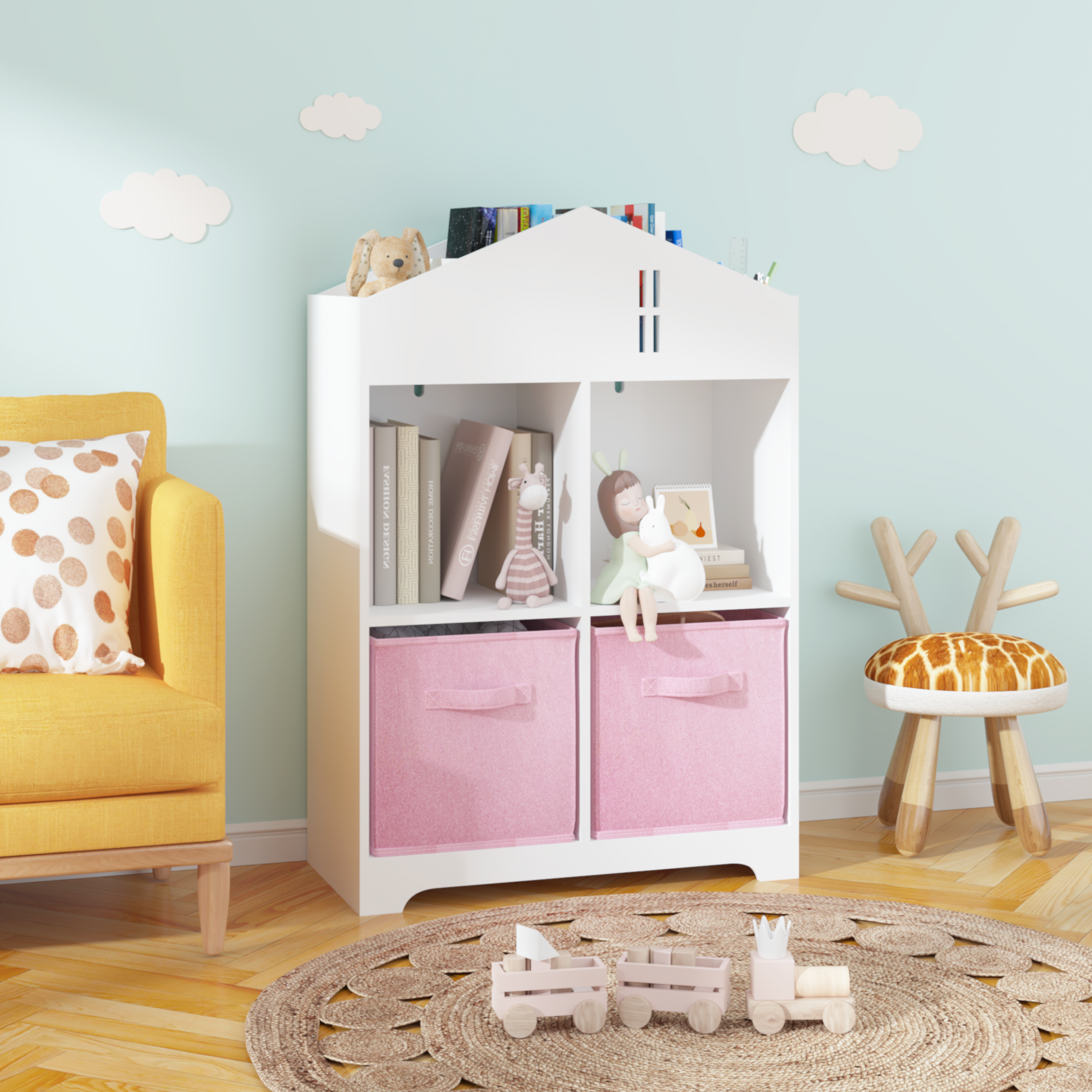 Kids Dollhouse Bookcase with Storage, 2-Tier Storage Display Organizer, Toddler Bookshelf with 2 Collapsible Fabric Drawers for Bedroom or Playroom (White/Pink)