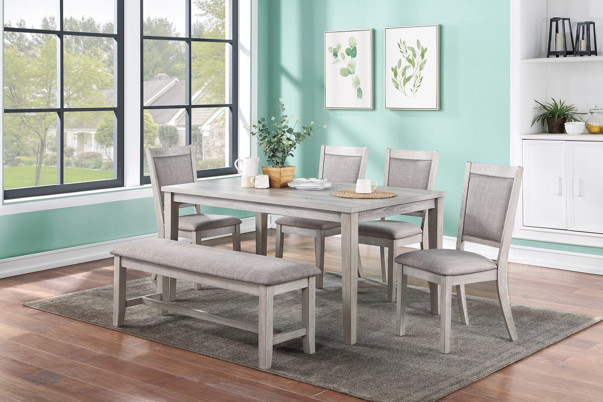 Contemporary Dining 6pc Set Table w 4x Side Chairs And Bench Natural Finish Padded Cushion Seats Chairs Rectangular Dining Table Dining Room Furniture