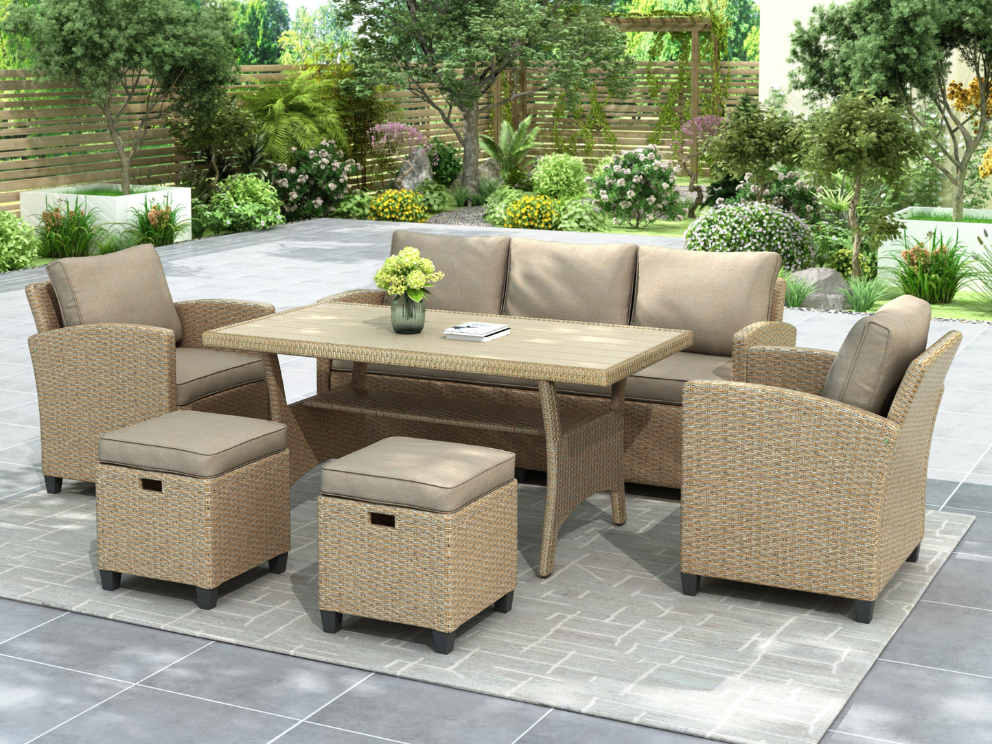 TOPMAX 6 Piece Outdoor Rattan Wicker Set Patio Garden Backyard Sofa, Chair, Stools and Table