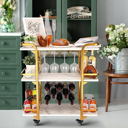 Gold Bar Cart with 3 Tiers for Stylish Storage, Home Bar Serving Cart with 4 Rows of Glass Holders & 8 Wine Racks, Modern Marbled Solid Wood Cart on Lockable Wheels, Coffee Bar Cart for Kitchen