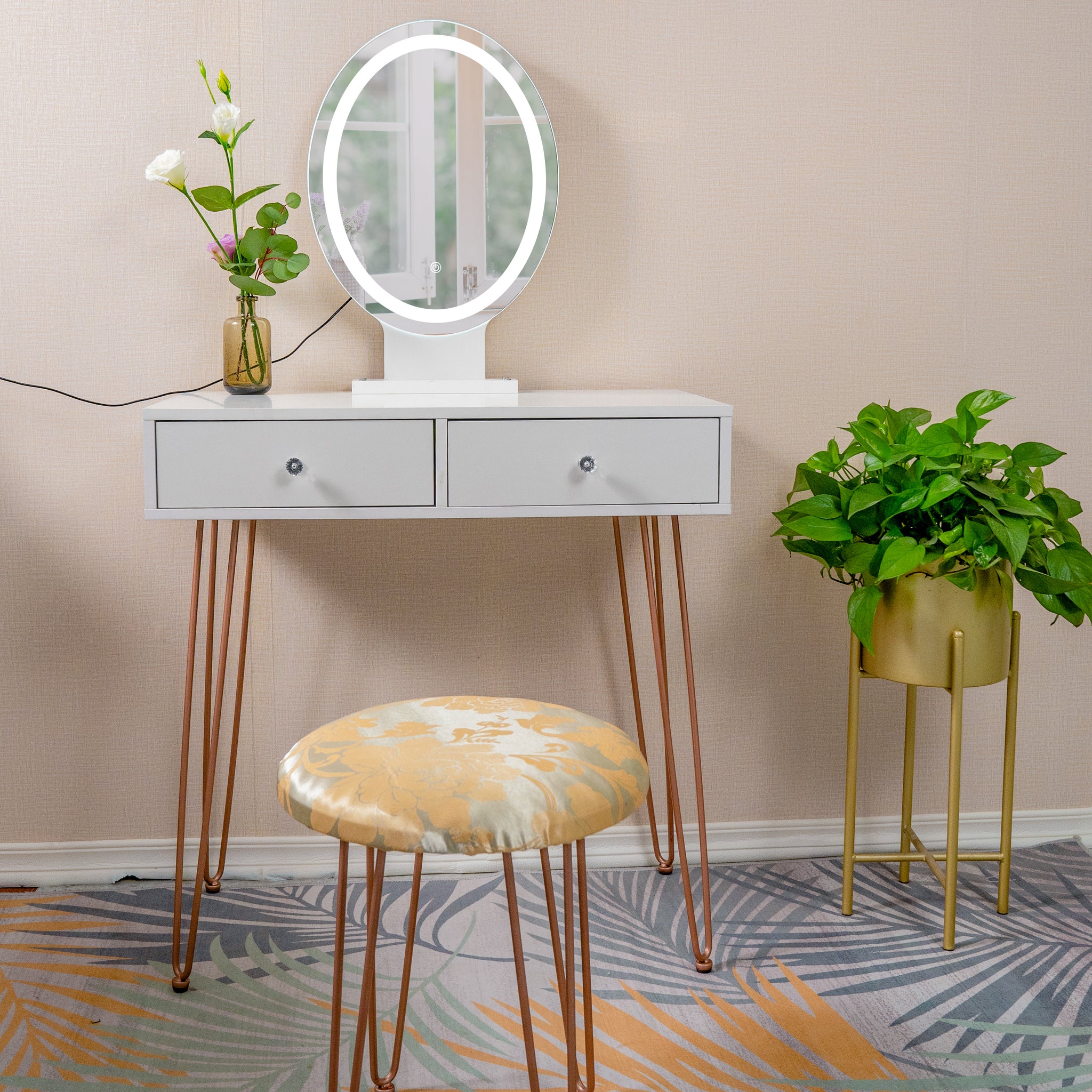 Dressing Table White Vanity Set with 3-Color Dimmable Lighted Mirror Makeup Desk with 2 Drawers and Yellow Padded Stool