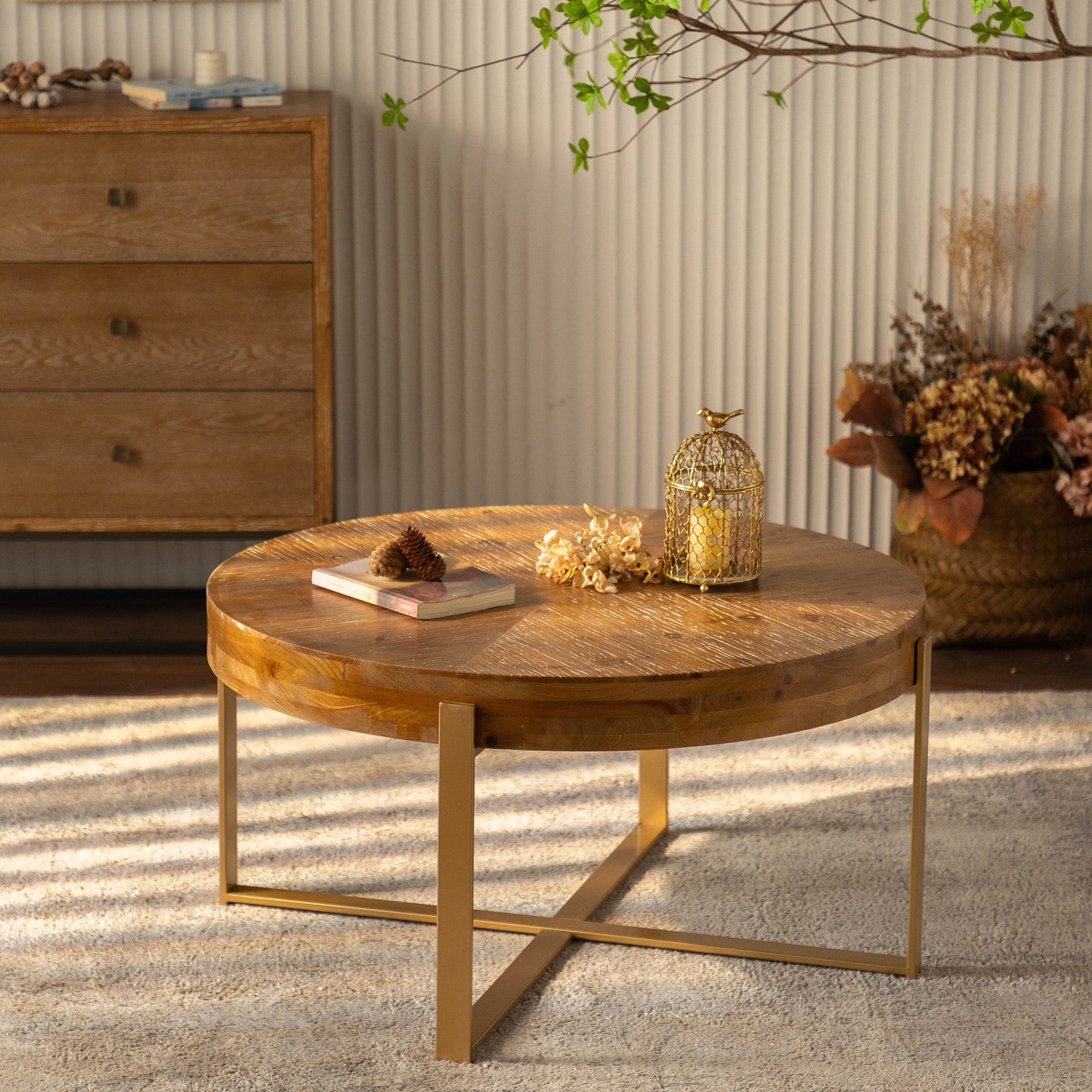 33.86"Modern Retro Splicing Round Coffee Table,Fir Wood Table Top with Gold Cross Legs Base(Same SKU:W757127348)