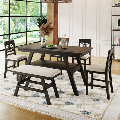 TOPMAX 6-Piece Wood Counter Height Dining Table Set with Storage Shelf, Kitchen Table Set with Bench and 4 Chairs,Rustic Style,Espresso+Beige Cushion